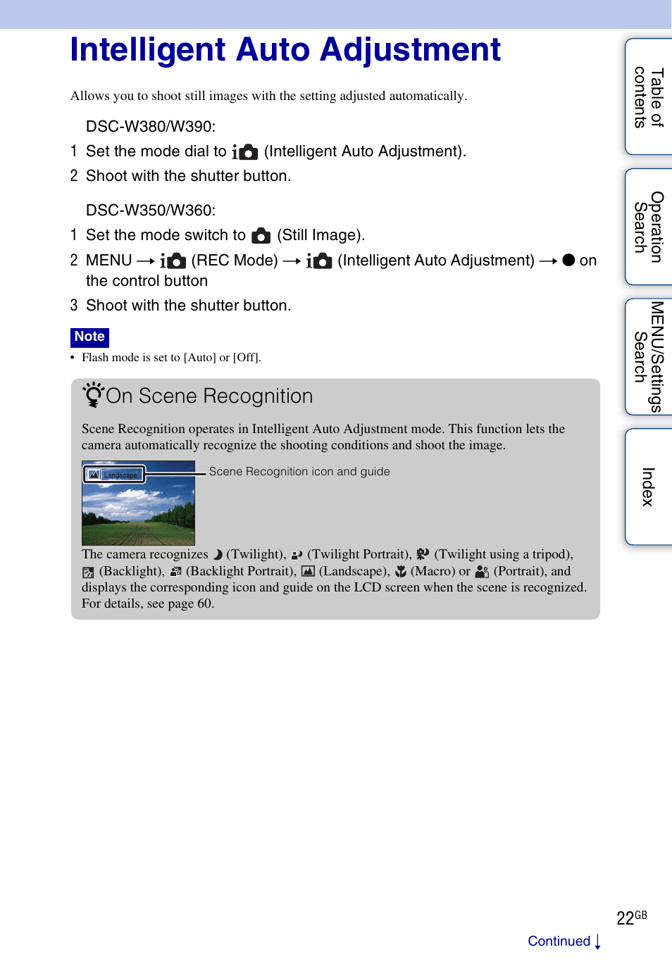 Intelligent auto adjustment, On scene recognition | Sony Cyber-shot 4-162-397-11(1) User Manual | Page 22 / 137