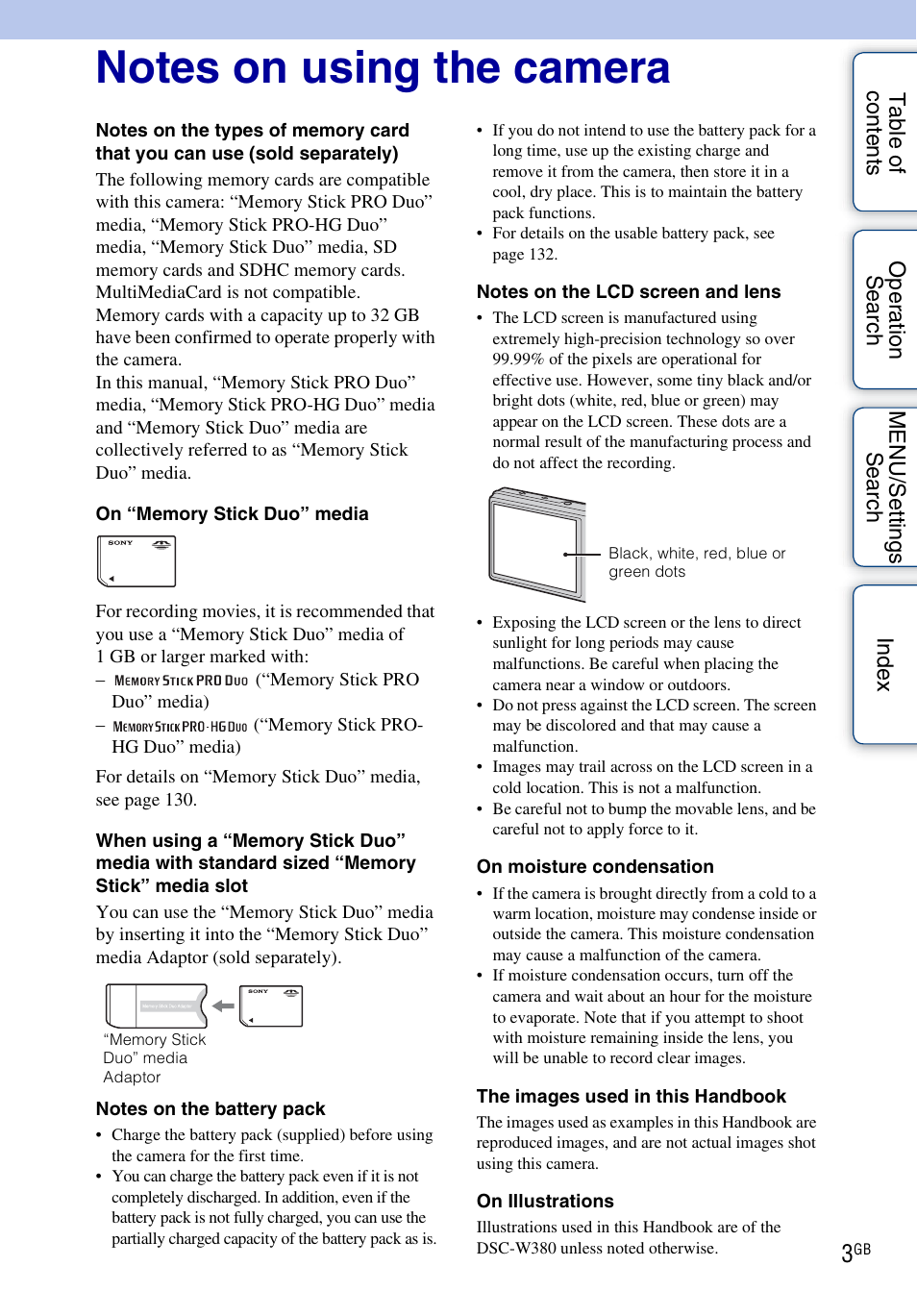 Notes on using the camera | Sony Cyber-shot 4-162-397-11(1) User Manual | Page 3 / 137