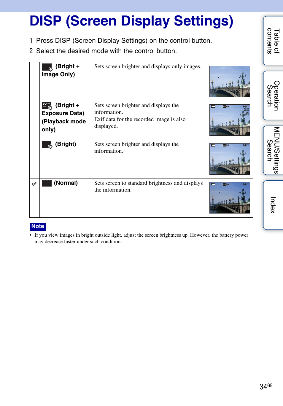 Disp (screen display settings) | Sony Cyber-shot 4-162-397-11(1) User Manual | Page 34 / 137