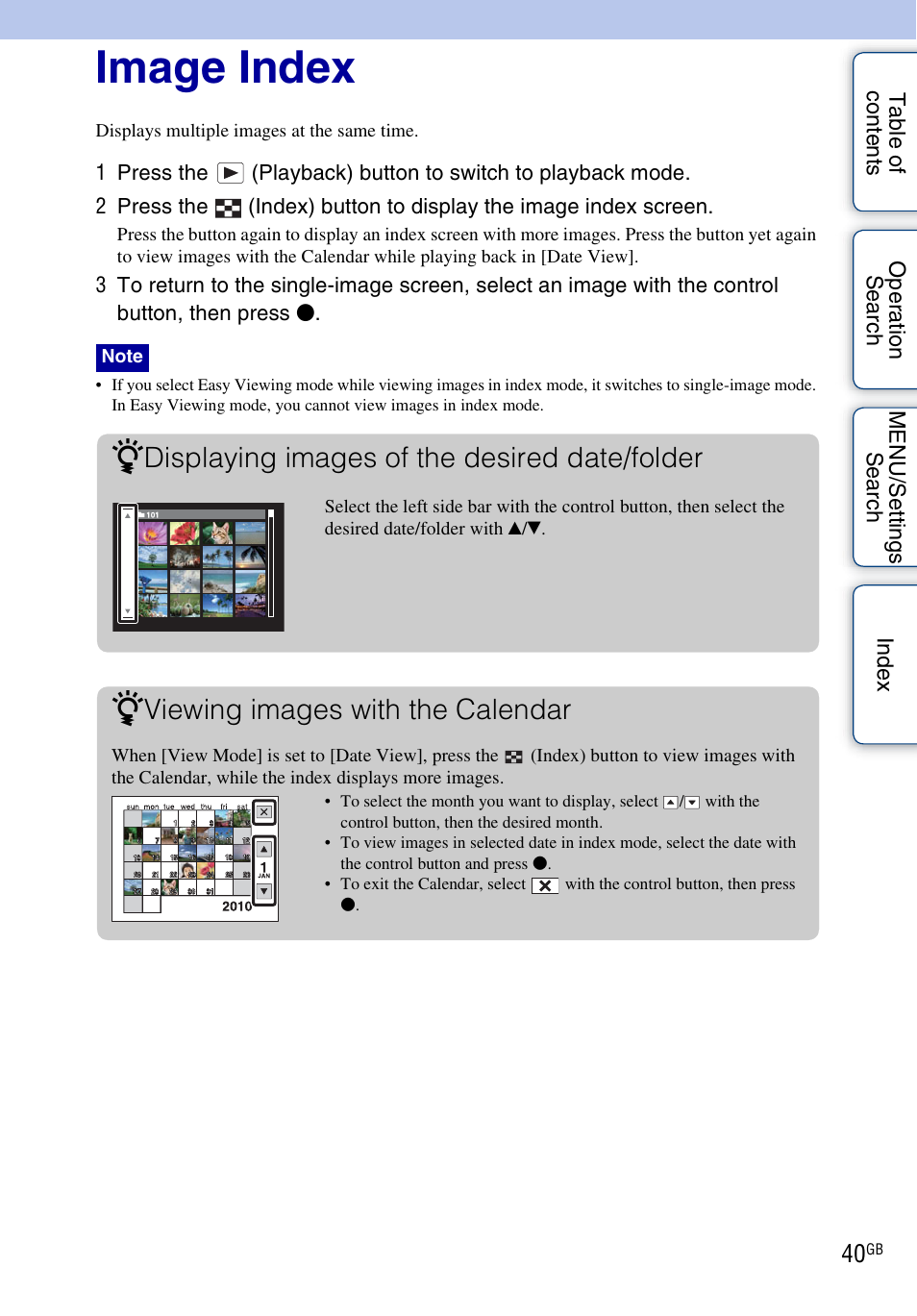 Image index, Displaying images of the desired date/folder, Viewing images with the calendar | Sony Cyber-shot 4-162-397-11(1) User Manual | Page 40 / 137