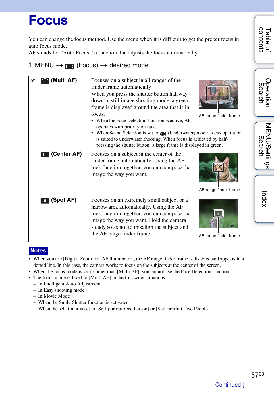 Focus | Sony Cyber-shot 4-162-397-11(1) User Manual | Page 57 / 137