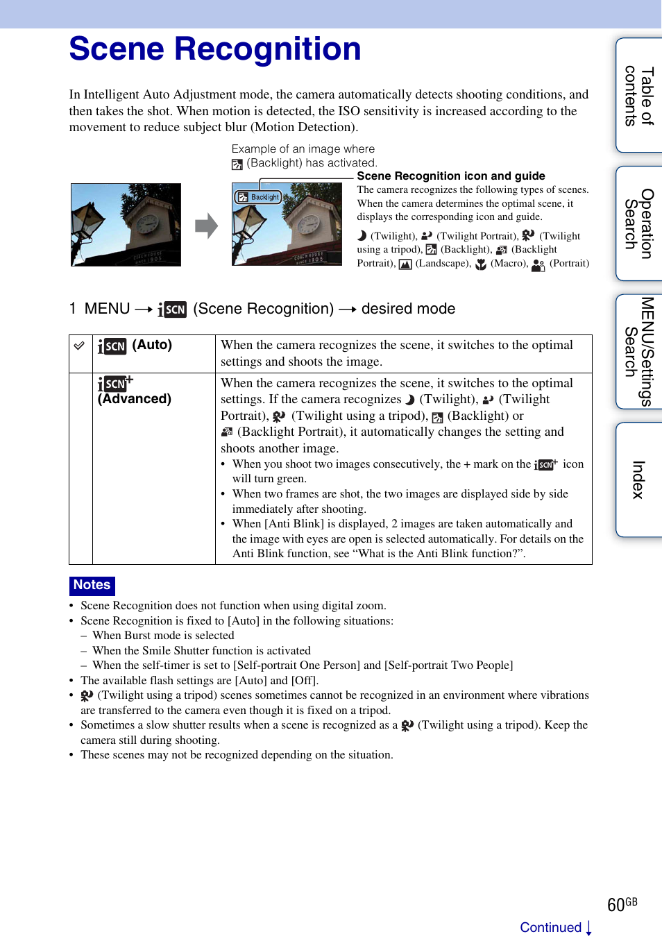 Scene recognition | Sony Cyber-shot 4-162-397-11(1) User Manual | Page 60 / 137