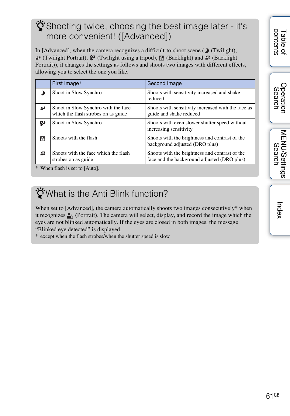 What is the anti blink function | Sony Cyber-shot 4-162-397-11(1) User Manual | Page 61 / 137