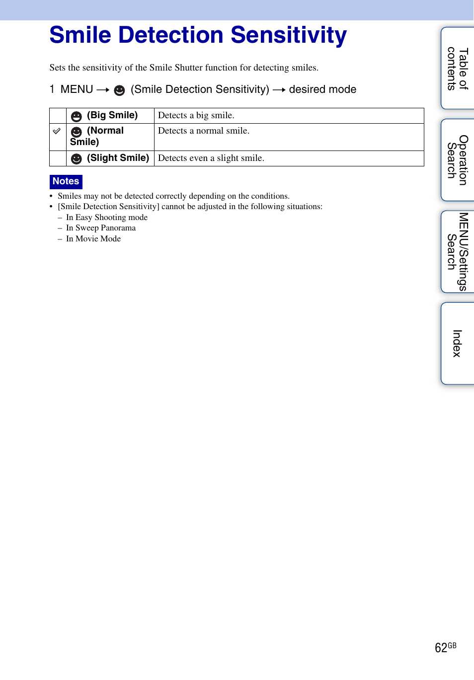 Smile detection sensitivity | Sony Cyber-shot 4-162-397-11(1) User Manual | Page 62 / 137