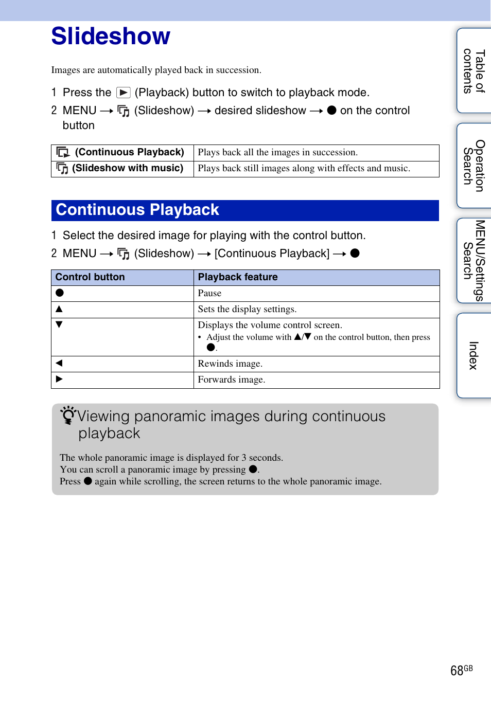 Slideshow, Continuous playback | Sony Cyber-shot 4-162-397-11(1) User Manual | Page 68 / 137