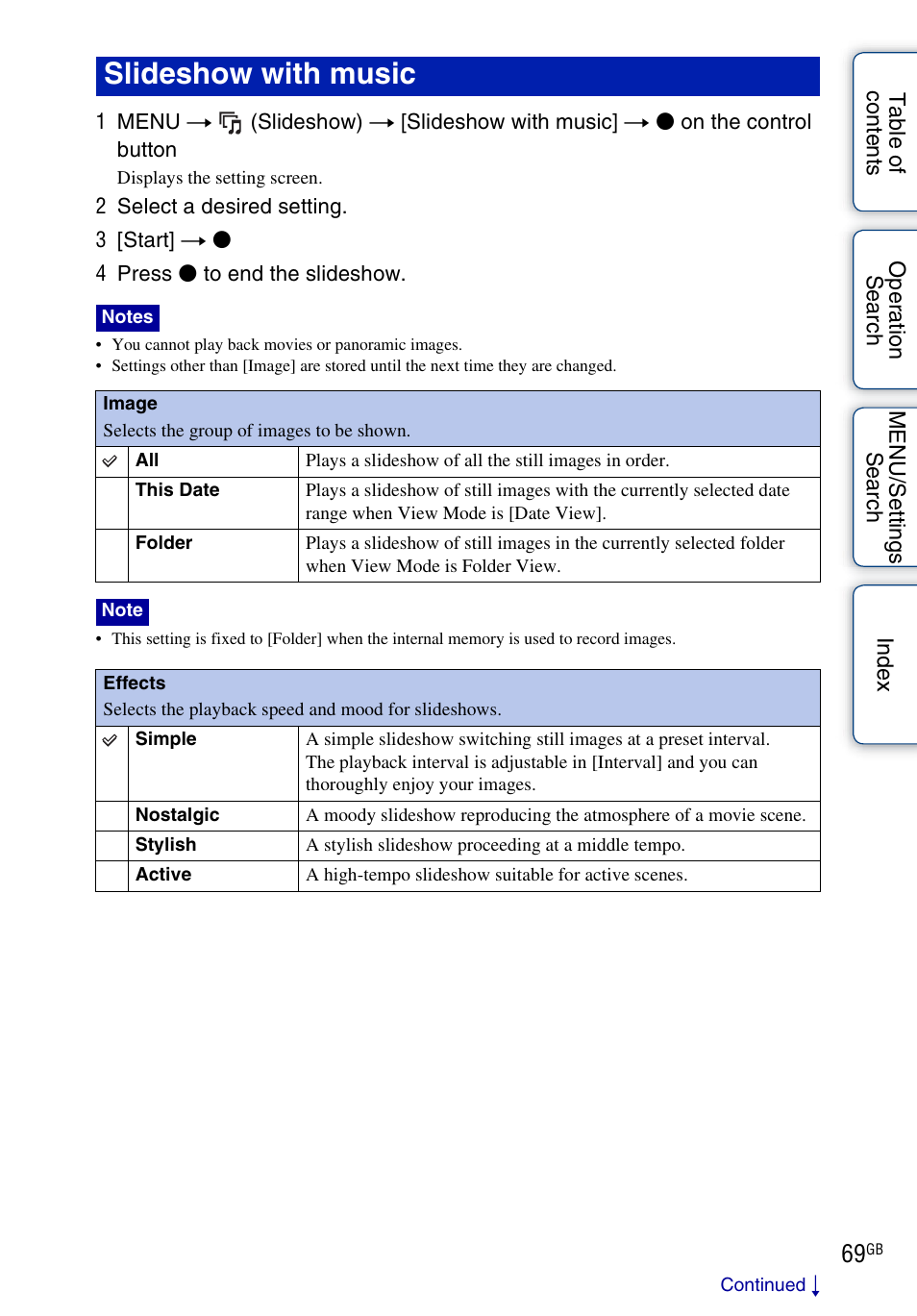 Slideshow with music | Sony Cyber-shot 4-162-397-11(1) User Manual | Page 69 / 137