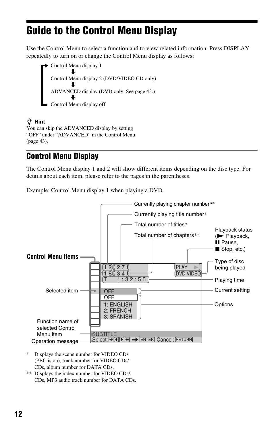 Guide to the control menu display, Control menu display | Sony DVP-NS725P User Manual | Page 12 / 72