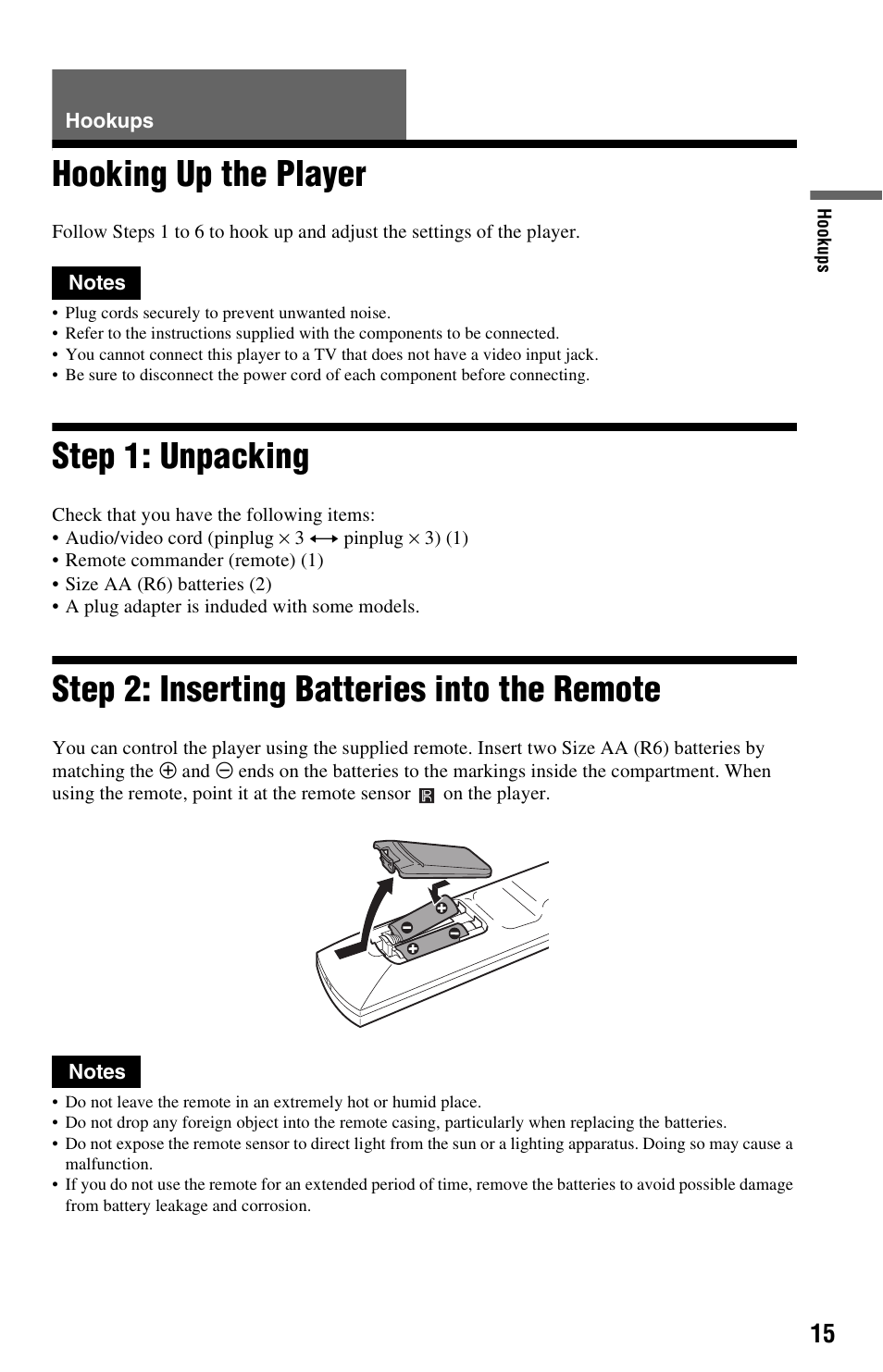 Hookups, Hooking up the player, Step 1: unpacking | Step 2: inserting batteries into the remote, Hooking up the player step 1: unpacking, R) (15) | Sony DVP-NS725P User Manual | Page 15 / 72