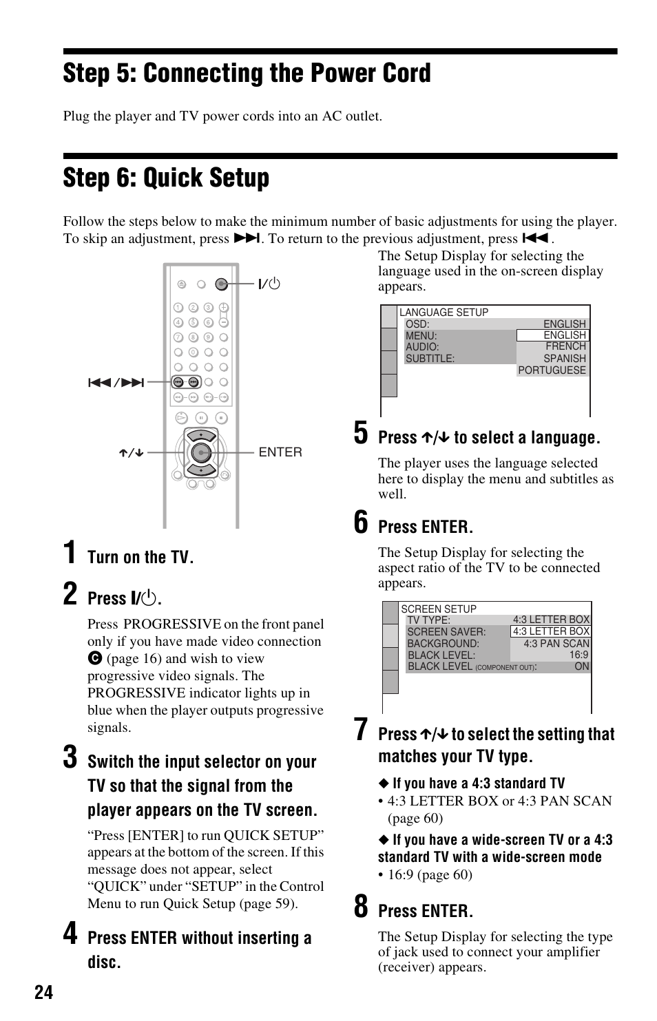 Step 5: connecting the power cord, Step 6: quick setup | Sony DVP-NS725P User Manual | Page 24 / 72