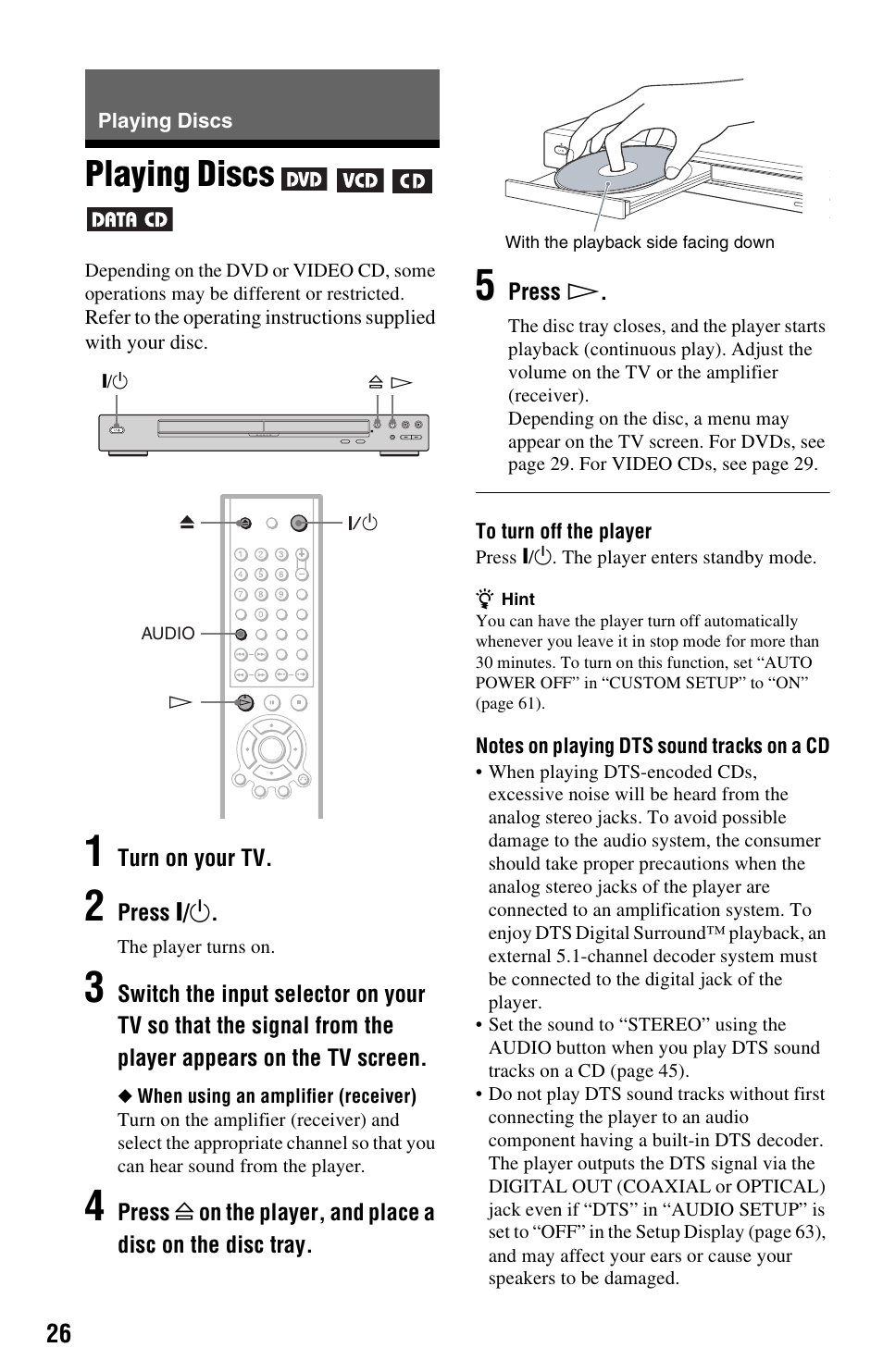 Playing discs, Disc tray (26), On (26) | Sony DVP-NS725P User Manual | Page 26 / 72