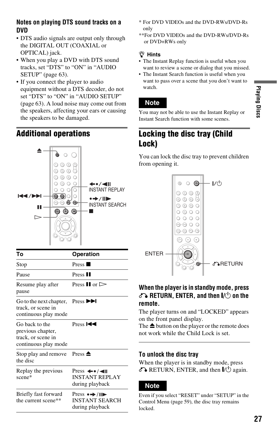 N (27, Additional operations, Locking the disc tray (child lock) | Sony DVP-NS725P User Manual | Page 27 / 72