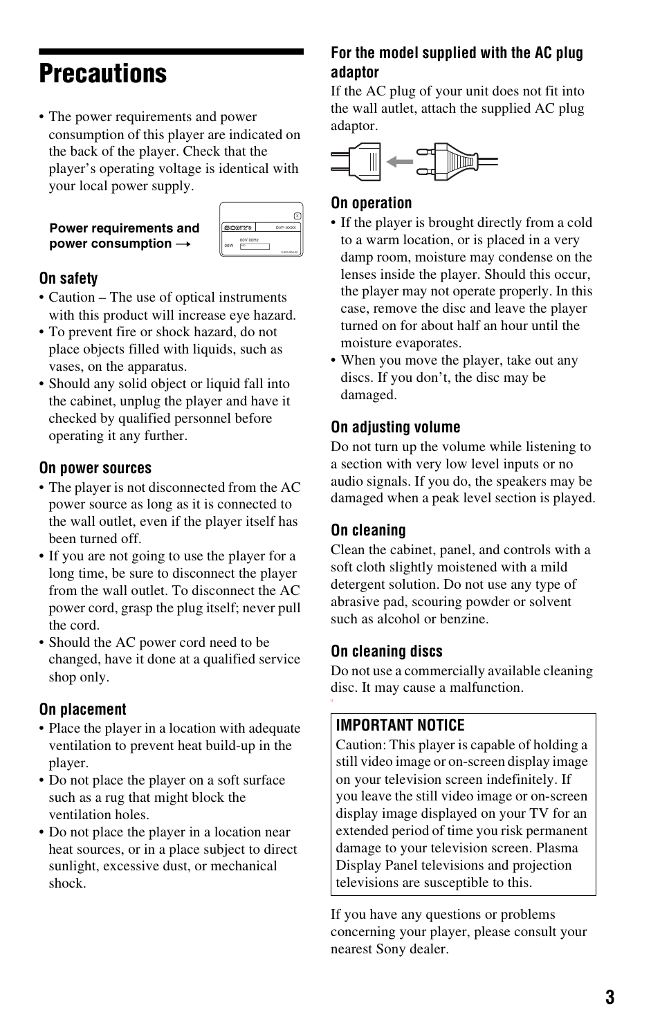 Precautions | Sony DVP-NS725P User Manual | Page 3 / 72