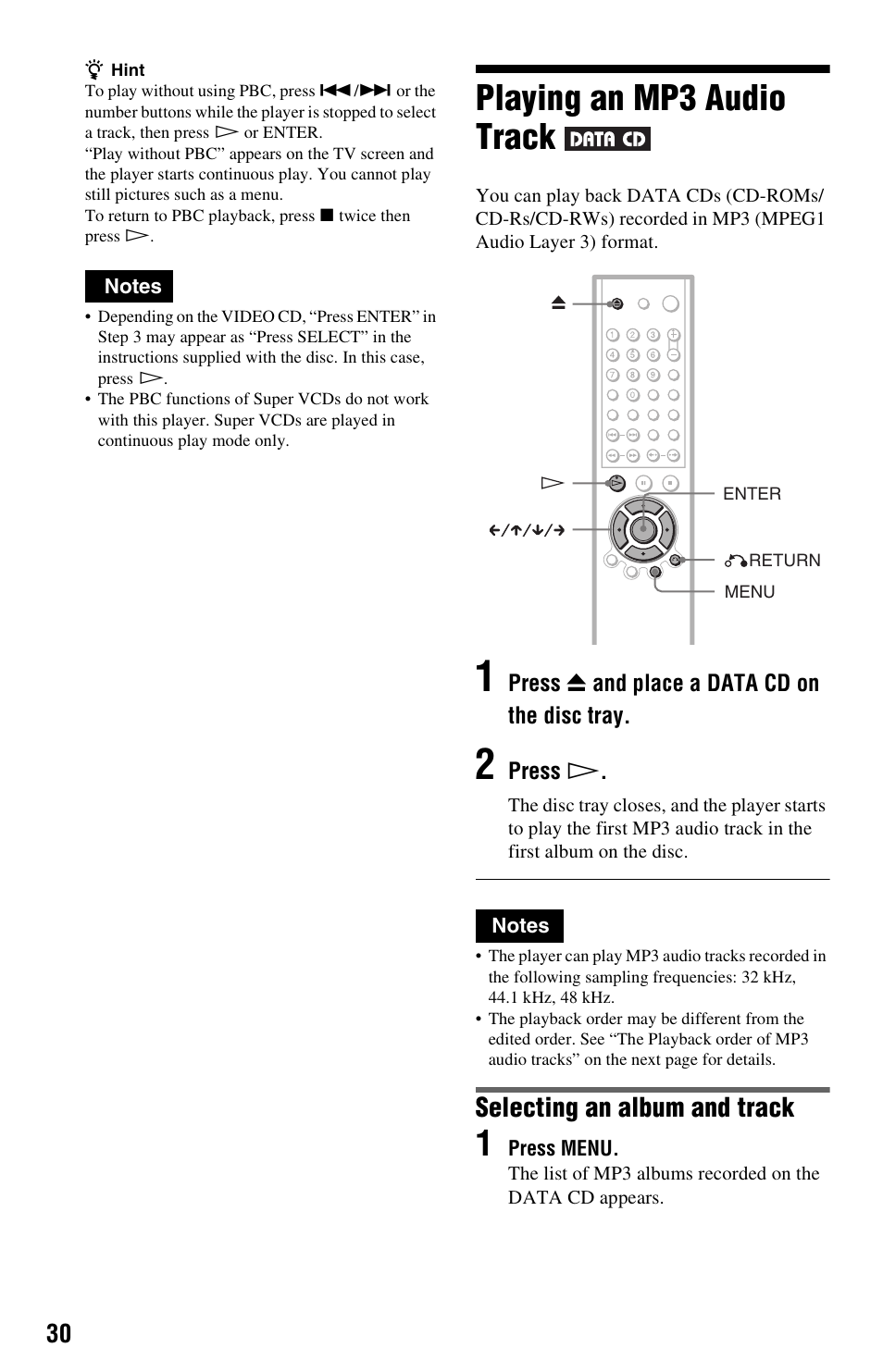 Playing an mp3 audio track, Selecting an album and track | Sony DVP-NS725P User Manual | Page 30 / 72