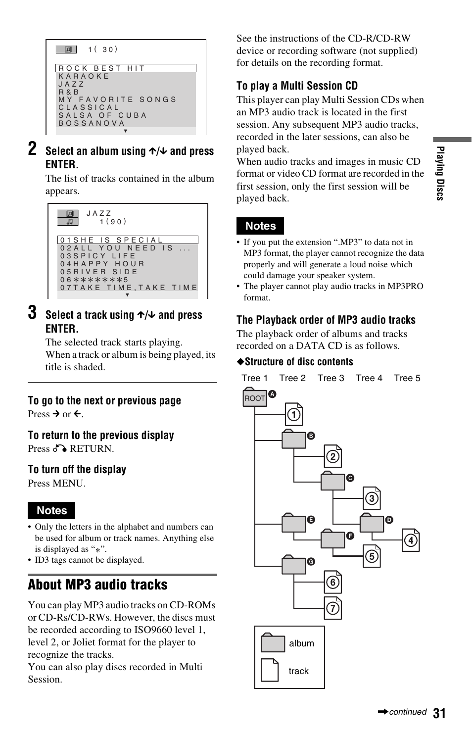 About mp3 audio tracks | Sony DVP-NS725P User Manual | Page 31 / 72