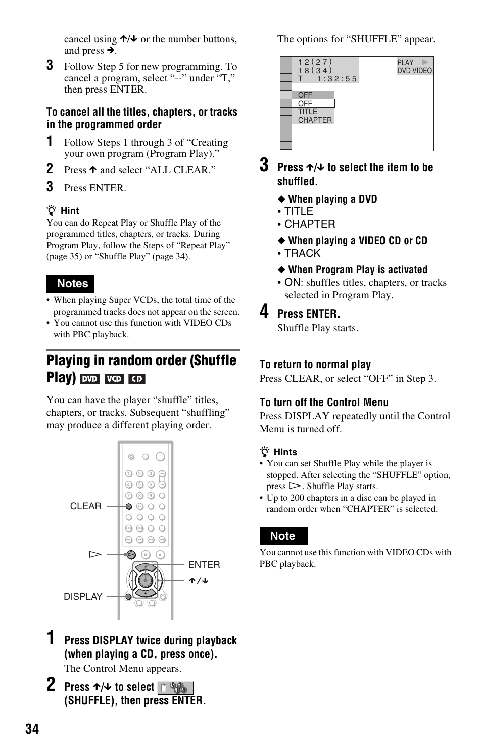 Playing in random order (shuffle play) | Sony DVP-NS725P User Manual | Page 34 / 72