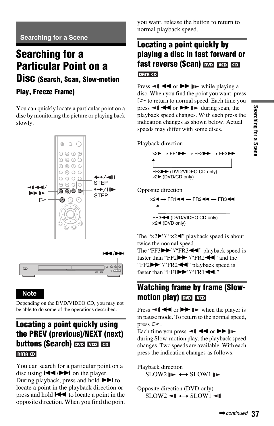 Searching for a scene, Searching for a particular point on a disc, Watching frame by frame (slow- motion play) | Search, scan, slow-motion play, freeze frame) | Sony DVP-NS725P User Manual | Page 37 / 72