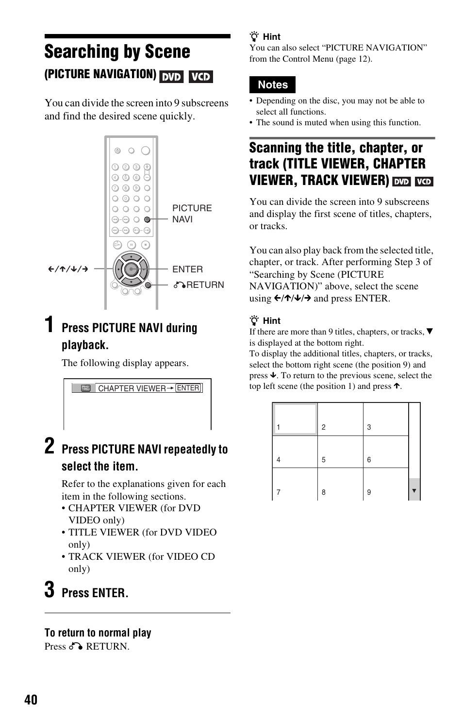 Searching by scene (picture navigation), Searching by scene, N (40 | Sony DVP-NS725P User Manual | Page 40 / 72