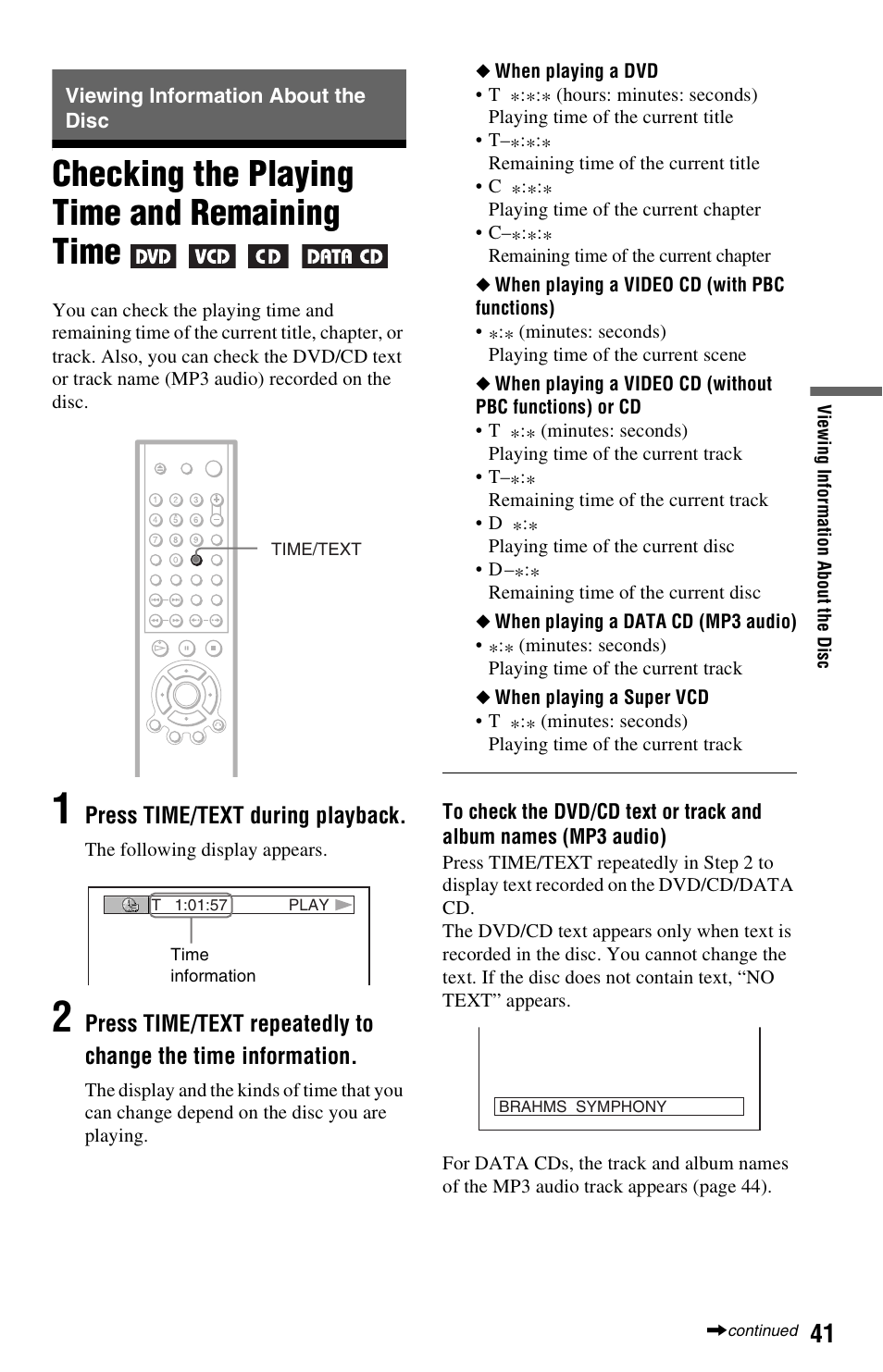 Viewing information about the disc, Checking the playing time and remaining time, N (41 | Sony DVP-NS725P User Manual | Page 41 / 72