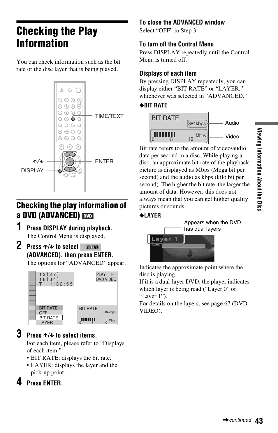 Checking the play information, Checking the play information of a dvd (advanced), Bit rate | Sony DVP-NS725P User Manual | Page 43 / 72