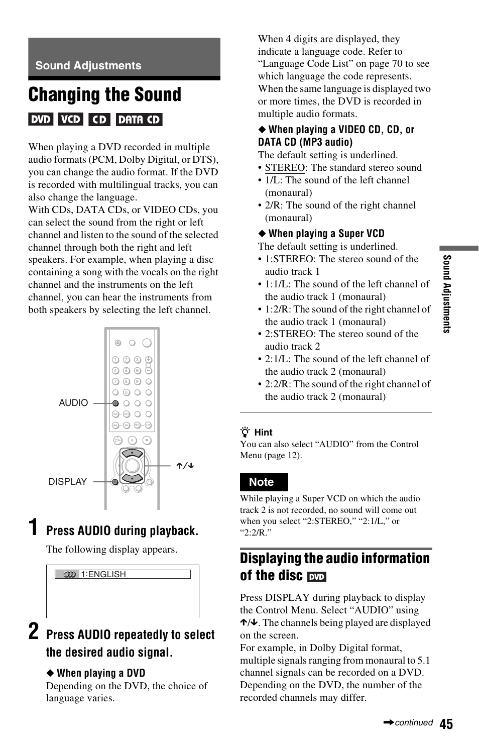 Sound adjustments, Changing the sound, Displaying the audio information of the disc | Sony DVP-NS725P User Manual | Page 45 / 72