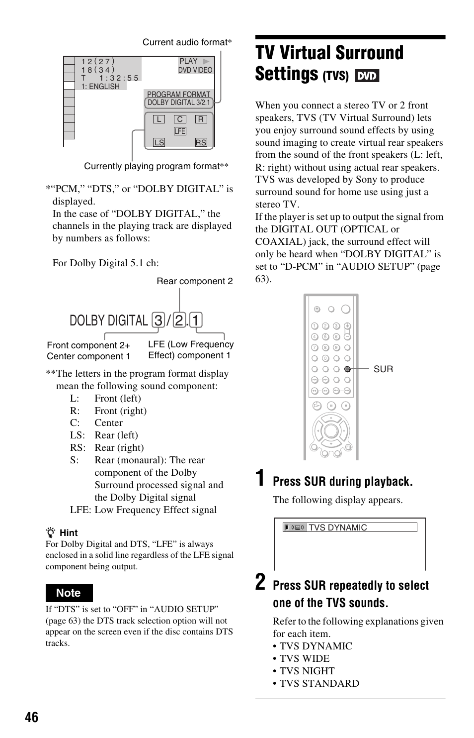 Tv virtual surround settings (tvs), Tv virtual surround settings (tvs, Tv virtual surround settings | Dolby digital 3 / 2, Tvs), Press sur during playback | Sony DVP-NS725P User Manual | Page 46 / 72