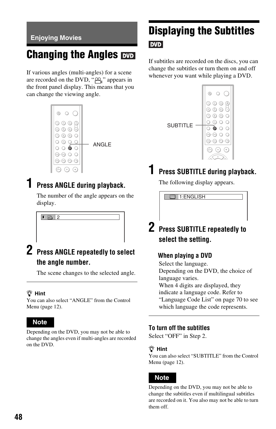 Enjoying movies, Changing the angles, Displaying the subtitles | Changing the angles displaying the subtitles | Sony DVP-NS725P User Manual | Page 48 / 72