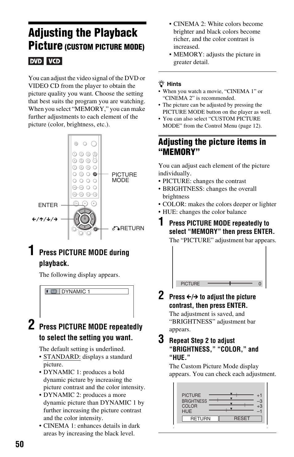 Adjusting the playback picture | Sony DVP-NS725P User Manual | Page 50 / 72