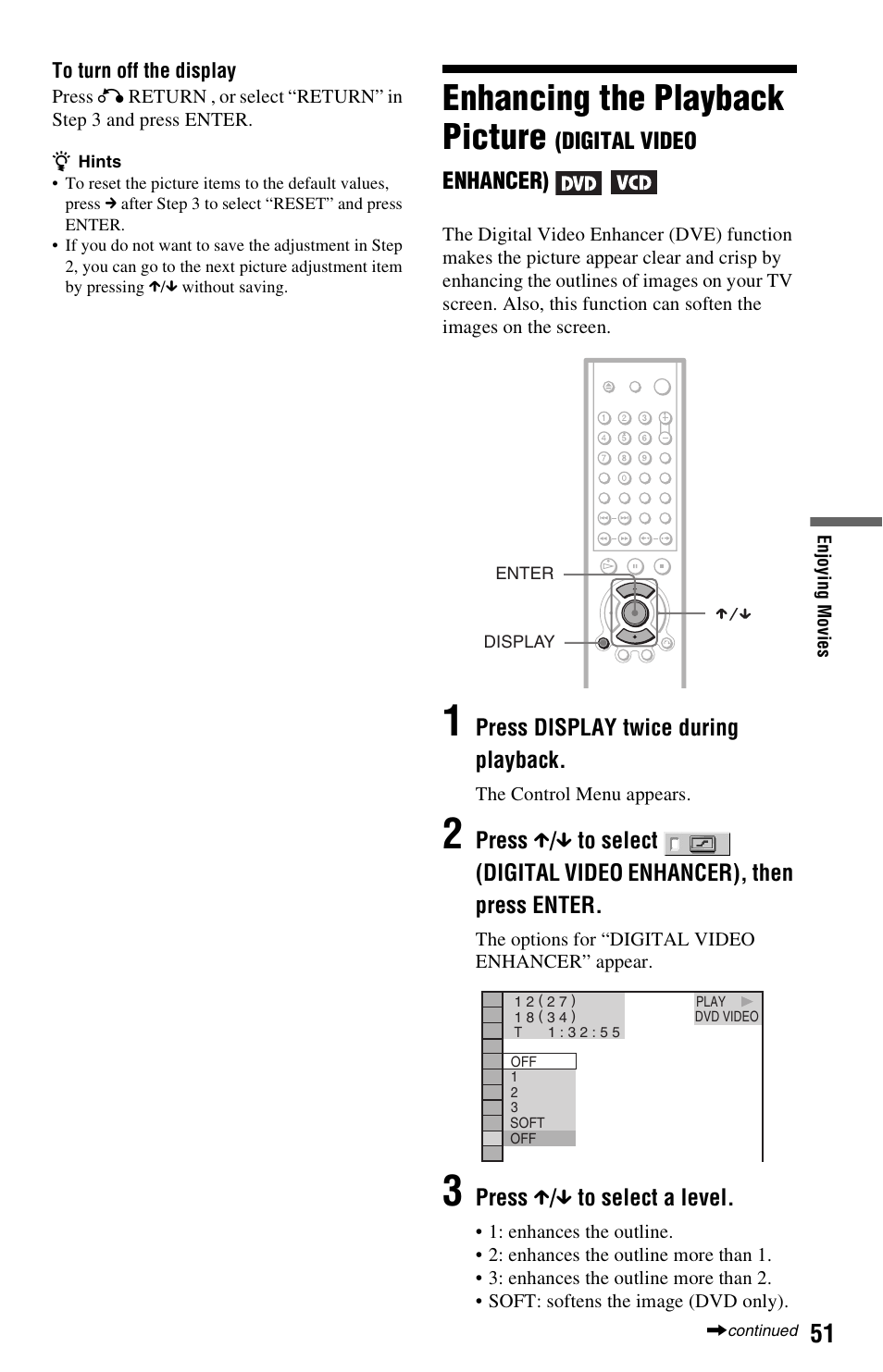 Enhancing the playback picture | Sony DVP-NS725P User Manual | Page 51 / 72