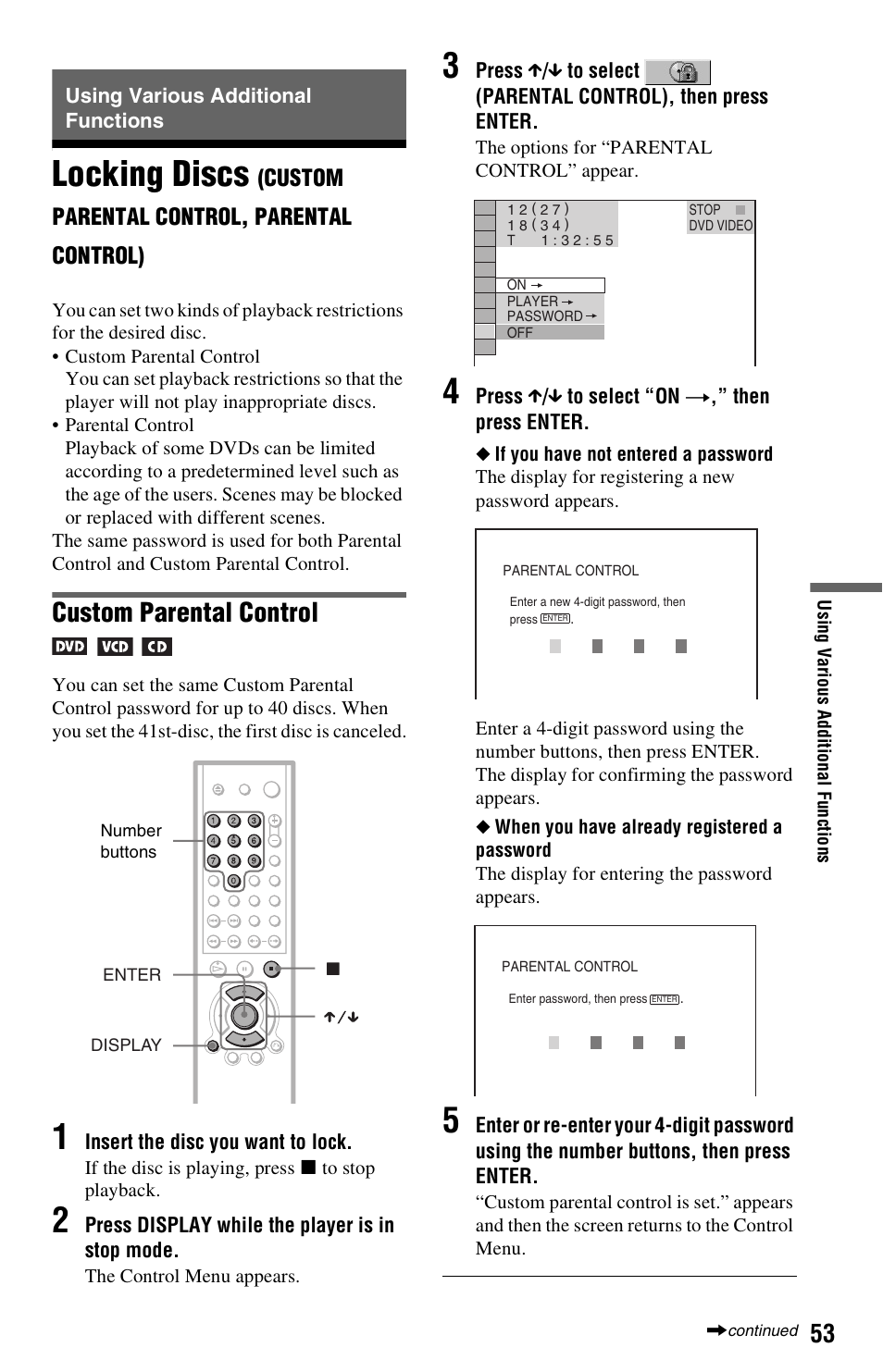 Using various additional functions, Locking discs, Custom parental control | Custom parental control, parental control) | Sony DVP-NS725P User Manual | Page 53 / 72