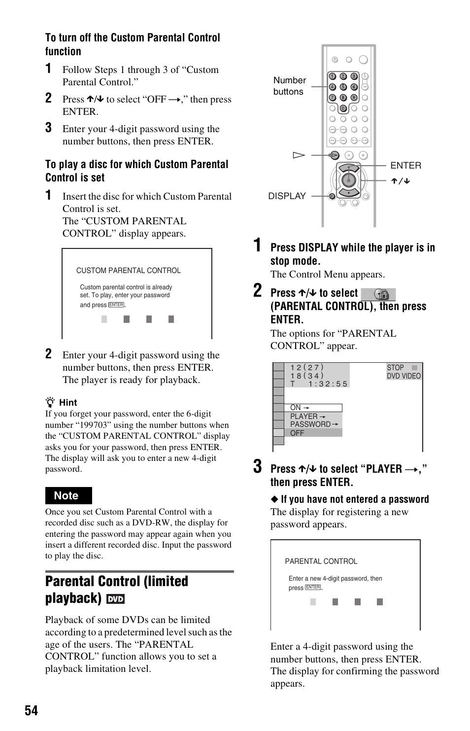 Parental control (limited playback) | Sony DVP-NS725P User Manual | Page 54 / 72