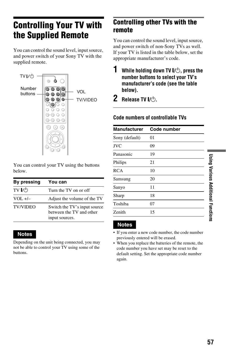 Controlling your tv with the supplied remote, Controlling other tvs with the remote | Sony DVP-NS725P User Manual | Page 57 / 72