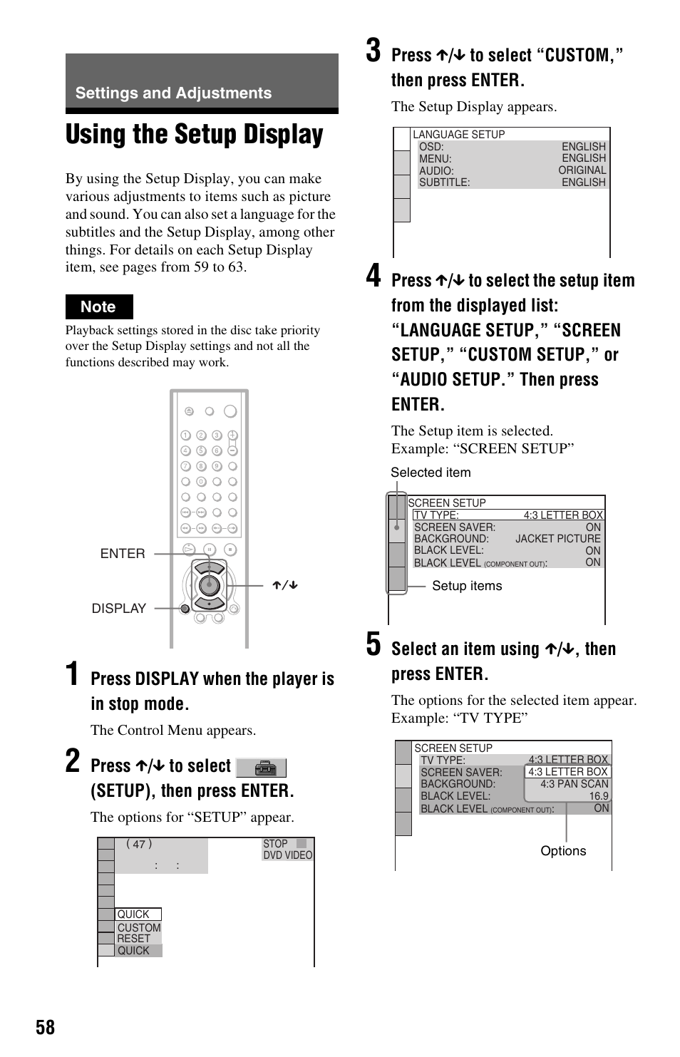 Settings and adjustments, Using the setup display, Press display when the player is in stop mode | Press x / x to select (setup), then press enter, Press x / x to select “custom,” then press enter, Select an item using x / x , then press enter | Sony DVP-NS725P User Manual | Page 58 / 72