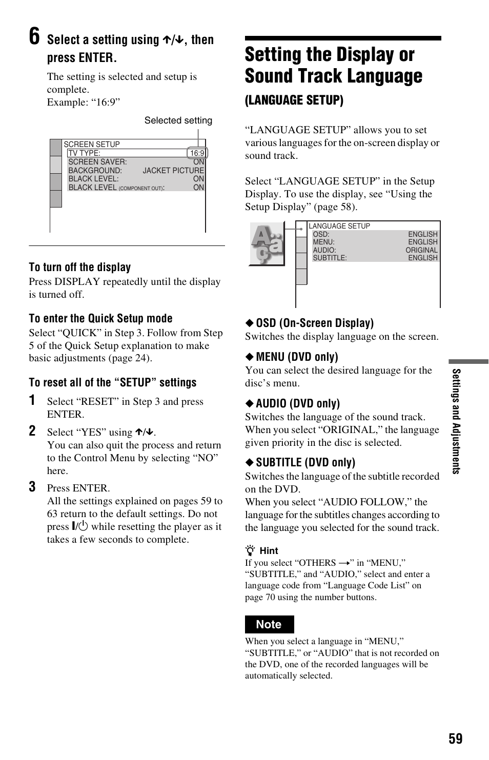 Setting the display or sound track language, Select a setting using x / x , then press enter, Language setup) | Sony DVP-NS725P User Manual | Page 59 / 72