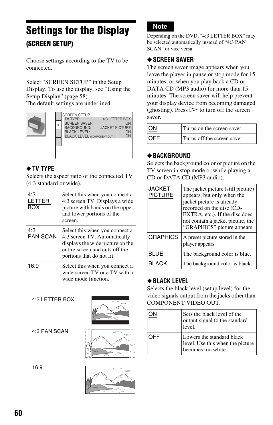 Settings for the display (screen setup), Settings for the display (scree, Settings for the display | Screen setup), Tv type, Screen saver, Background, Black level | Sony DVP-NS725P User Manual | Page 60 / 72