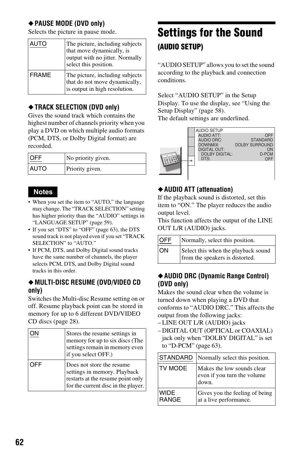 Settings for the sound (audio setup), Settings for the sound, Audio setup) | Sony DVP-NS725P User Manual | Page 62 / 72