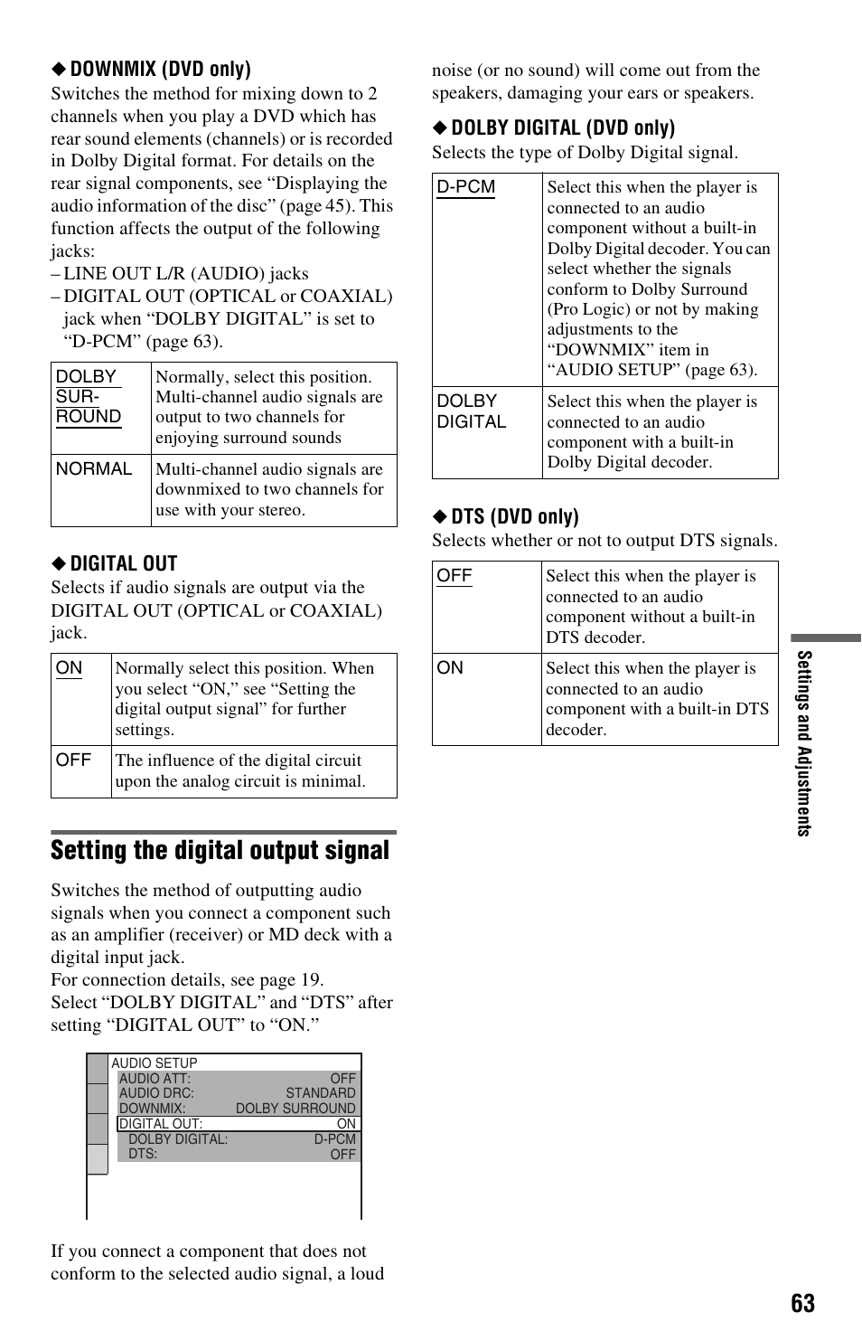 Setting the digital output signal | Sony DVP-NS725P User Manual | Page 63 / 72