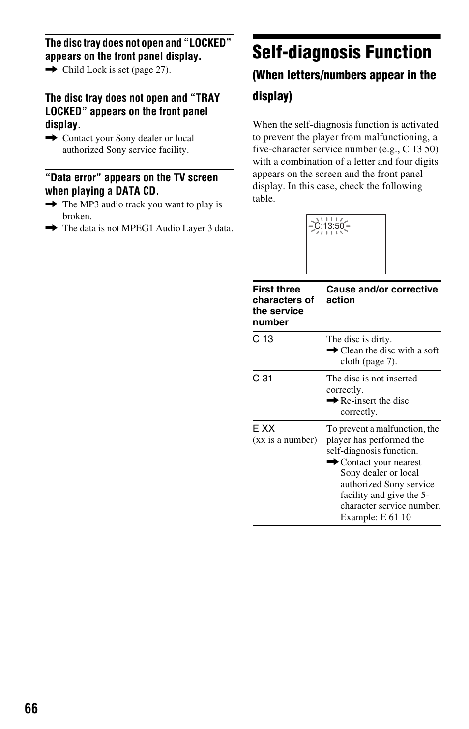 Self-diagnosis function | Sony DVP-NS725P User Manual | Page 66 / 72