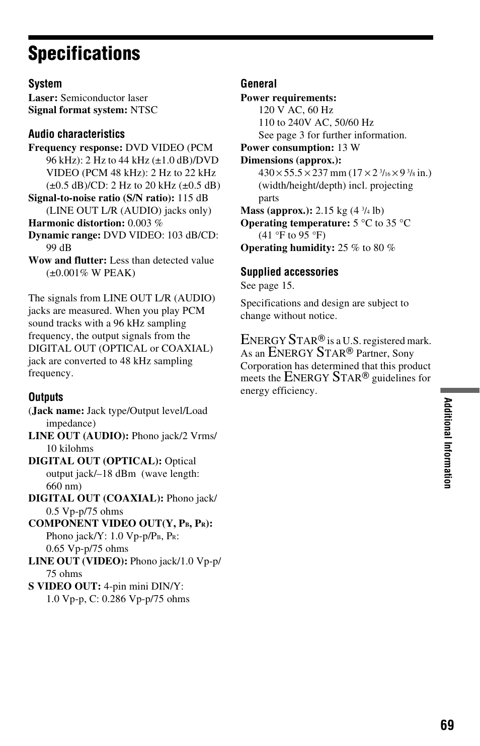 Specifications | Sony DVP-NS725P User Manual | Page 69 / 72