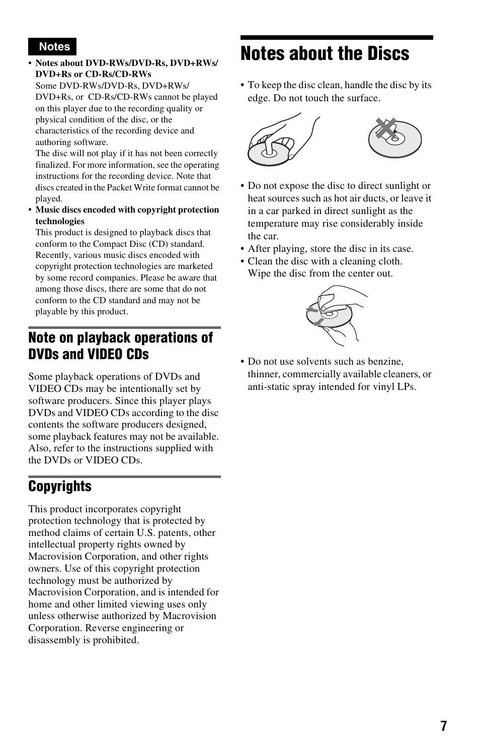 Notes about the discs, Copyrights | Sony DVP-NS725P User Manual | Page 7 / 72