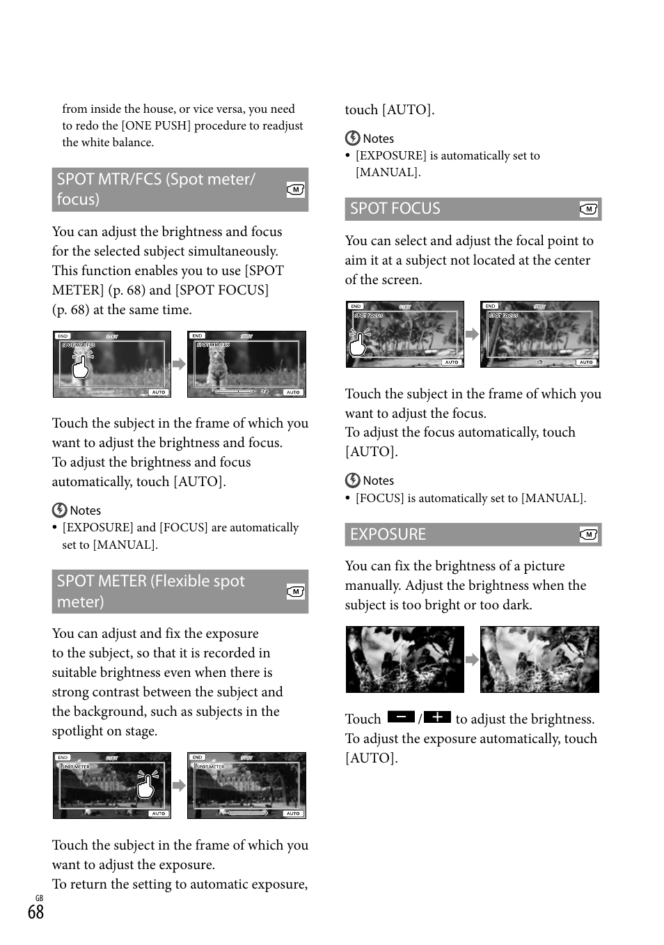 Cus(68), Spot mtr/fcs (spot meter/ focus), Spot meter (flexible spot meter) | Spot focus, Exposure | Sony HD-RCX300 User Manual | Page 146 / 223