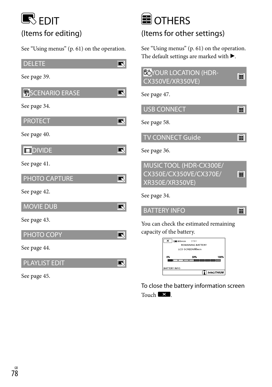 Edit, Others, Items for editing) | Items for other settings) | Sony HD-RCX300 User Manual | Page 156 / 223