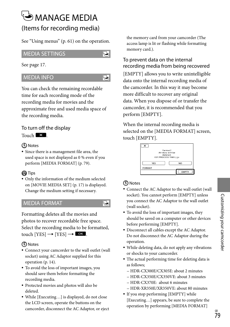 Manage media, 79). i, Items for recording media) | Media settings, Media info, Media format | Sony HD-RCX300 User Manual | Page 157 / 223