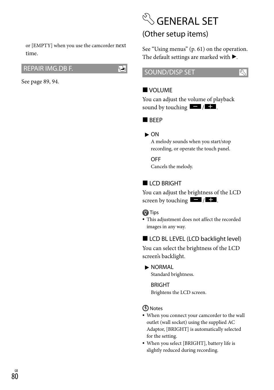 General set, Other setup items), Repair img.db f | Sound/disp set | Sony HD-RCX300 User Manual | Page 158 / 223