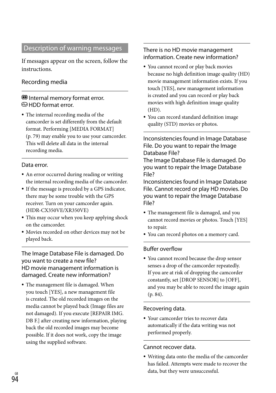 Messages, Description of warning messages, Recording media | Sony HD-RCX300 User Manual | Page 172 / 223