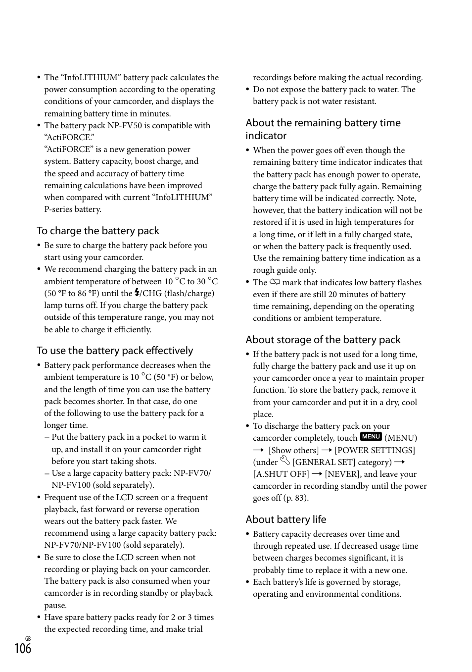 About the remaining battery time indicator, About storage of the battery pack, About battery life | Sony HD-RCX300 User Manual | Page 184 / 223