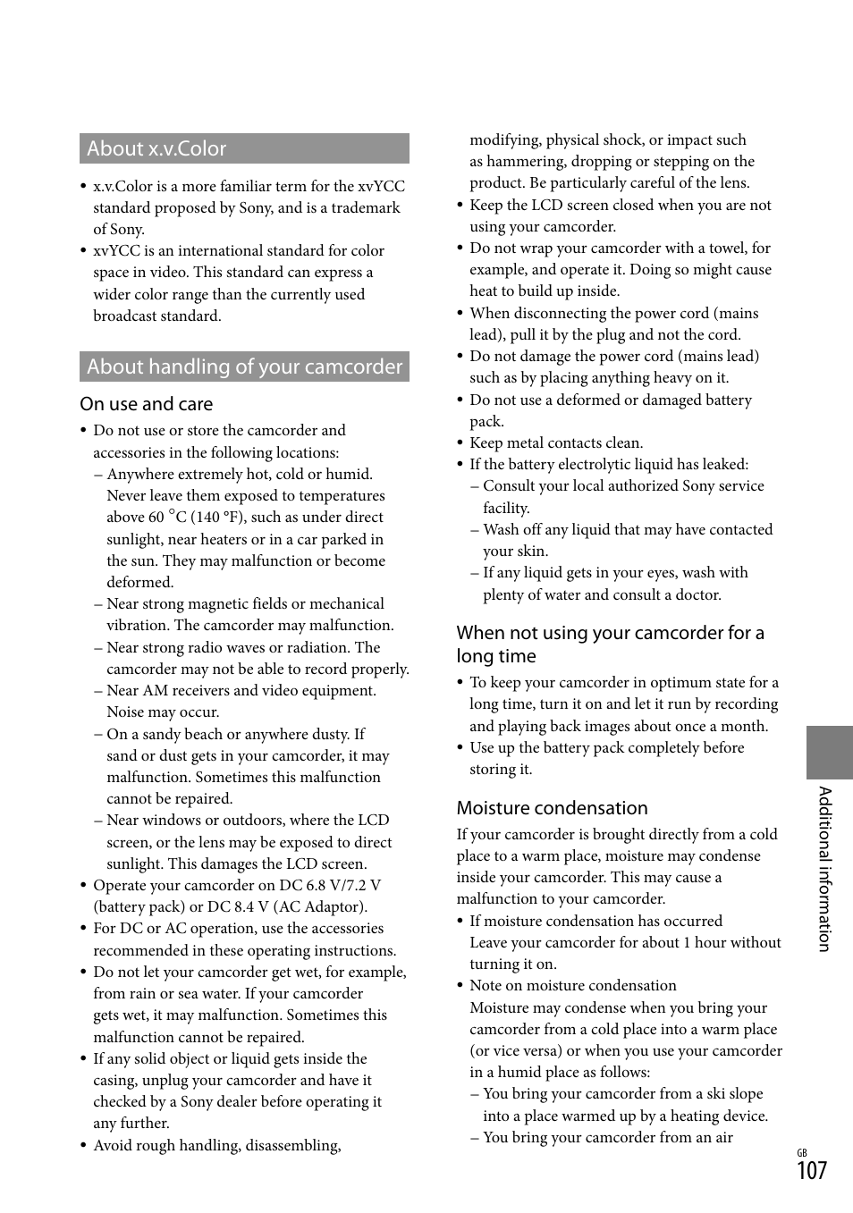 About x.v.color about handling of your camcorder, About x.v.color, About handling of your camcorder | On use and care, When not using your camcorder for a long time, Moisture condensation | Sony HD-RCX300 User Manual | Page 185 / 223