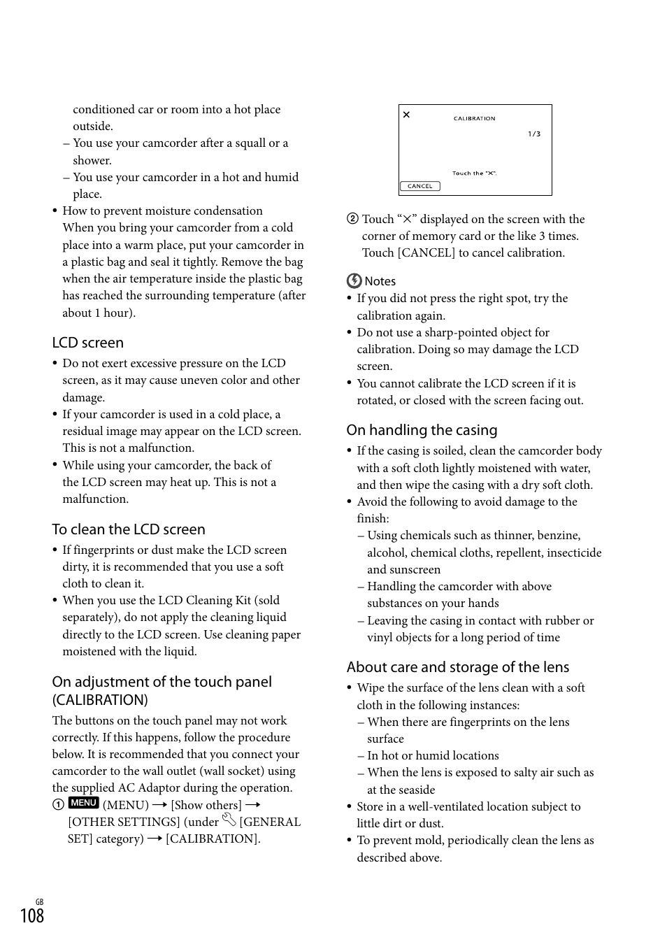 Lcd screen, On adjustment of the touch panel (calibration), On handling the casing | About care and storage of the lens | Sony HD-RCX300 User Manual | Page 186 / 223