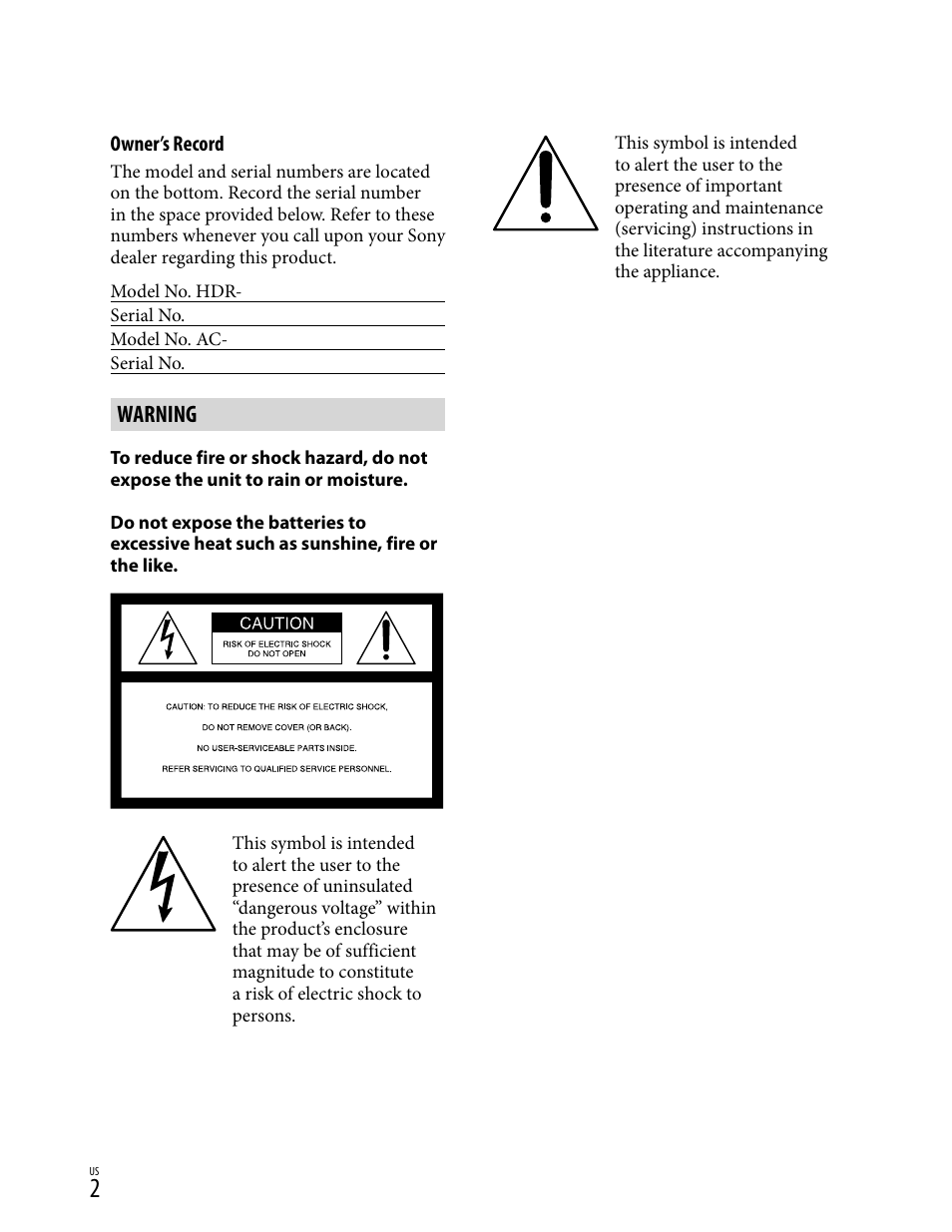 Warning | Sony HD-RCX300 User Manual | Page 2 / 223