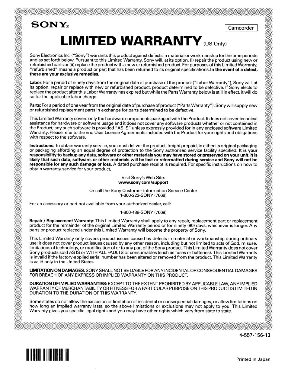 Warranty | Sony HD-RCX300 User Manual | Page 223 / 223