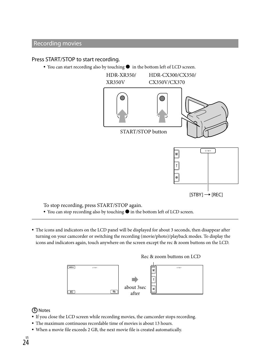 Recording movies, Press start/stop to start recording | Sony HD-RCX300 User Manual | Page 24 / 223